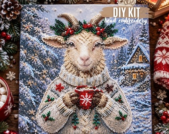 DIY Cozy Goat Bead Embroidery Kit, Cute Goat in Sweater with Coffee Cup, Whimsical Animal Needlework Craft, Unique Gift