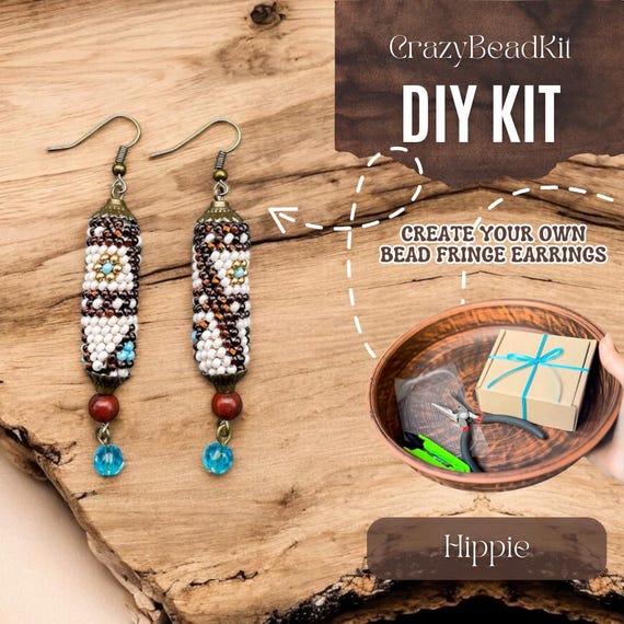 DIY Beige Bead Crochet Earrings Kit, Hippie Boho Handmade Jewelry