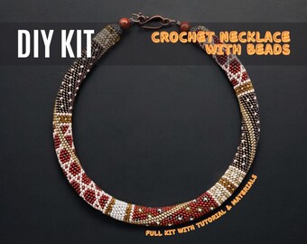 DIY Bead Crochet Necklace Kit African Style, Create Your Own Tribal-Inspired Jewelry in Warm Brown Beige Tones, Perfect for Handmade Crafts