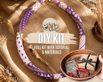 DIY Purple White Gold Bead Crochet Necklace Kit, Beaded Rope Jewelry Making Set, Full Kit with Materials & Tutorial