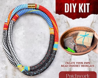 DIY Summer colorful Bead Crochet Necklace Kit – Multicolor Patchwork rope craft