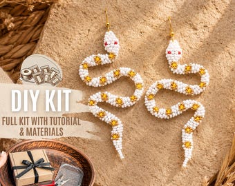 DIY White Gold Snake Beaded Earrings Kit, Snake Jewelry Making Set, Seed Bead Fringe Earrings, Beadwork Craft kit