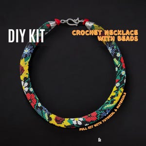 DIY Black Beaded Crochet Necklace Kit, Colorful Rustic style Handmade Rope Jewelry with Floral Pattern, Craft Set with Tutorial & Materials