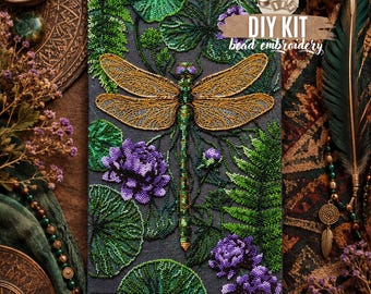 DIY Forest Dragonfly Bead Embroidery Kit, Purple Flowers Fairy Forest Needlepoint Craft, 22x35 cm, Hobby Gift Idea
