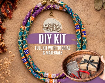 DIY Colorful Autumn Turquoise Purple Bead Crochet Necklace Kit, Tribal Rope Jewelry Making Set, Beadweaving Crafter Gift