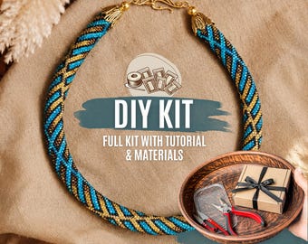 DIY Blue Brown Tribal Bead Crochet Necklace Kit, Ethnic Beaded Rope Jewelry Making Set, Seed Bead Craft kit