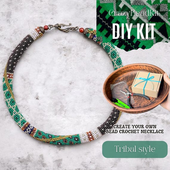 DIY Bead Crochet Necklace Kit, Tribal Green Purple Boho Jewelry