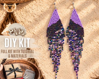 DIY Purple Beaded Earrings Kit, Long Fringe Earrings Making Set with Pattern & Materials, Boho Jewelry Craft for Beginners