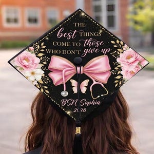 Custom Name Nurse Grad Cap Topper,BSN Graduation Cap Decoration,Pink Bow Floral Nurse Grad Cap,Personalize Nursing Graduation Cap,Class 2026