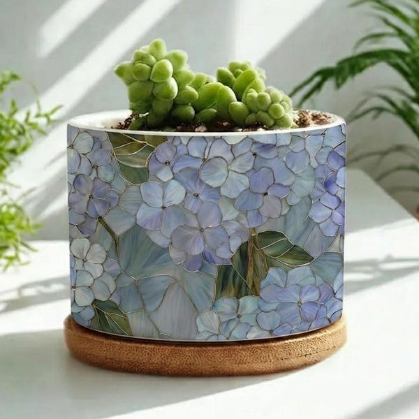 Blaue Hortensie Glasmalerei, Hortensie Blumentopf, Keramik Blumentopf, Keramik Blumentopf, blauer Blumenkeramikpflanzer, Hortensie Wohnkultur