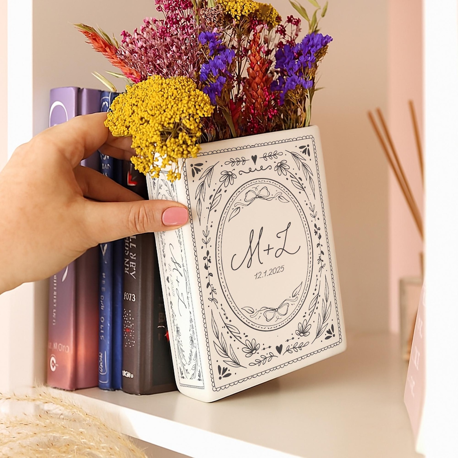 Custom Couple Initials Vase, Personalized Book Vase, Bookshelf Decor, Reading Room Flower Pot, Ceramic Book Flower Vase, Toile De Jouy Decor - 5.1x2.6x8.1 inches