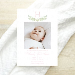 Watercolor Birth Announcement Card, Hand Painted Watercolor Monogram, Printable Download, Pink and White Birth Announcement with Baby Photo