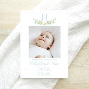 Watercolor Birth Announcement Card, Hand Painted Watercolor Monogram, Printable Download, Blue and White Birth Announcement with Baby Photo