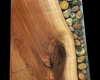Handmade walnut wood epoxy resin charcuterie board serving tray with Lake Superior stones