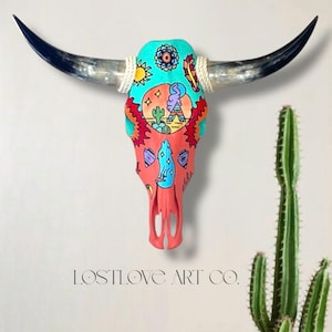 Hand Painted Cow Skull: Rustic Farmhouse Wall Art Home Decor Western Cowgirl