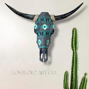 Hand-Painted Aztec Cow Steer Skull Wall Art: Rustic Farmhouse Decor Western Cowgirl