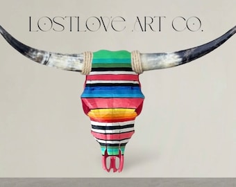 Serape style hand painted longhorn steer skull custom handmade decorated painted