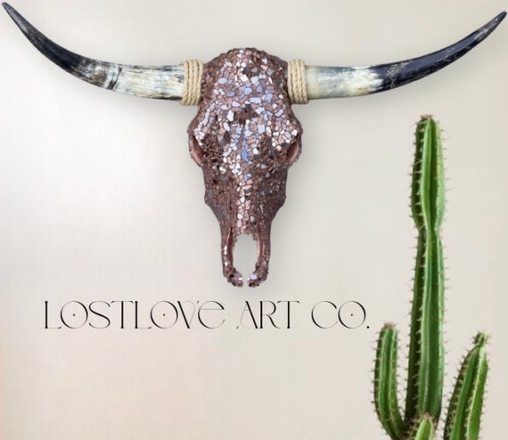 Rose Gold glass mirrored longhorn steer skull custom handmade decorated
