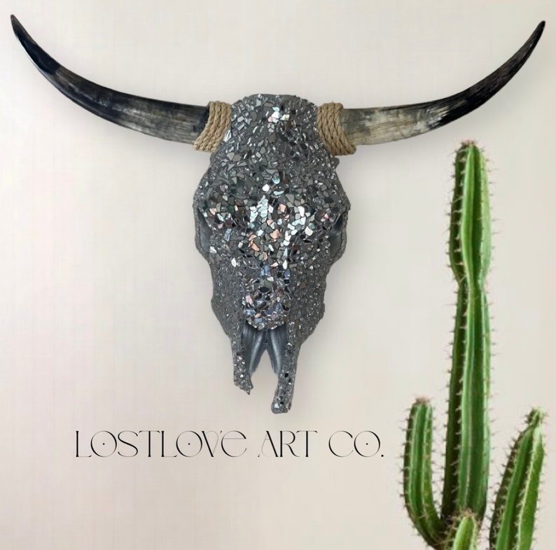 Silver glass mirrored longhorn steer skull custom handmade decorated image 1