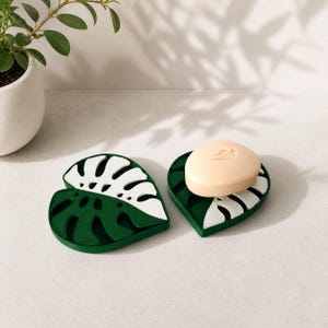 Saboneteira Monstera com bandeja escorredora, suporte para sabonete, acessórios para banheiro ou cozinha, porta-sabonete em formato de folha impresso em 3D