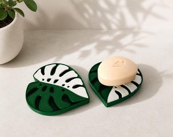 Monstera Seifenschale mit Abflussschale, Seifenablage, Bad oder Küchen Accessoires, 3D gedruckter Blatt Seifenhalter