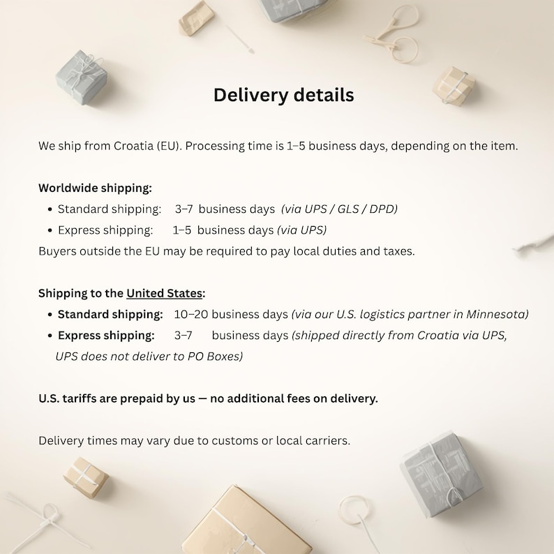 May include: Image with the text "Delivery details" and shipping information. It states the item ships from Croatia (EU) with processing times of 1-5 business days. Worldwide shipping is 3-7 business days standard and 1-5 days express. Shipping to the US is 10-20 days standard and 3-7 days express.