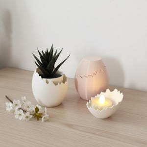 Eierschale Sukkulenten Übertopf und passender Teelichthalter, Osterei Deko, Frühlingsdeko, 3D Druck, Sukkulenten Schale