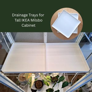 Op de afbeelding: Witte drainagetrays voor een hoge IKEA Milsbo kast. De afbeelding toont twee grote rechthoekige trays in een glazen kast, met de tekst "Drainage trays voor hoge IKEA Milsbo kast" bovenaan. De trays zijn ontworpen om overtollig water op te vangen.