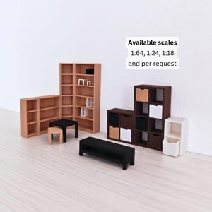 Miniature Scandinavian Furniture, Modern Shelving & Tables, 3D Printed Dollhouse Furniture in 1/64, 1/24, 1/18 Scale or Custom Size