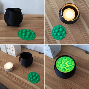 Four-panel image showing cauldron with and without LED tealight, green insert detail, and glowing top effect.
