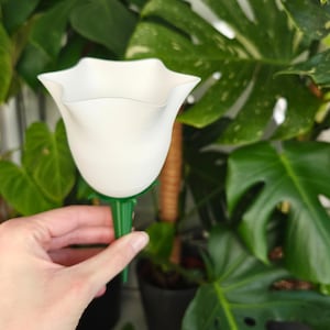 May include: White plastic flower-shaped watering can with a green stem. The watering can is being held by a hand.