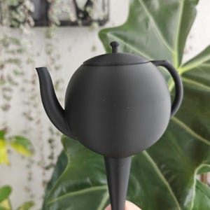 May include: Black plastic watering can with a long spout and a round body. The watering can is shaped like a teapot.