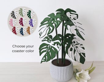 Monstera Coaster Plant, Two-Toned MAGNETIC Leaves with Inner Fenestrations, Coaster Set Gift for Plant Lovers, 3D printed Coasters