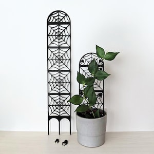 Peut inclure: Deux treillis pour plantes noirs avec un sommet arqué et un motif de toile d'araignée répétitif. Un treillis est haut et fin avec trois pointes à la base, tandis que l'autre est plus court et placé dans un pot gris avec une plante verte.