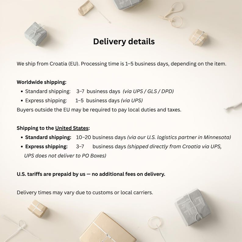 May include: Image with the text "Delivery details" and shipping information. It states the item ships from Croatia (EU) with processing times of 1-5 business days. Worldwide shipping is 3-7 business days standard and 1-5 days express. Shipping to the US is 10-20 days standard and 3-7 days express.