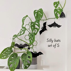 May include: A set of five black paper bats with silly faces hanging from a green monstera plant. The text "Silly bats set of 5" is written on a white wall.