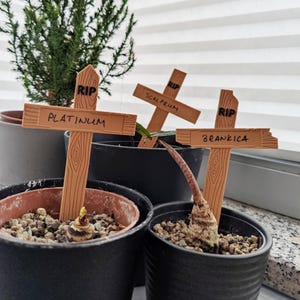 RIP Plant Markers, Set of 3 Graveyard Style Labels, Funny Halloween Garden Decor, Dead Plant Signs