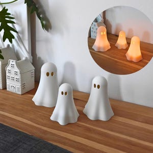 Ghost Tealight Covers, Set of 3, Stackable 3D Printed White Halloween Decor, For LED Lights Only