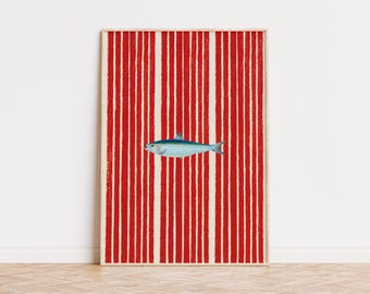Fish Art Print, Bold Red Stripes Art, Nautical Poster, Vibrant Coastal Decor, Pop Art, Retro Fish Wall Art, Vintage Print, Sardine Poster