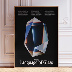 Könnte beinhalten: Gerahmter Kunstdruck mit einem geometrischen Prismadesign in Blau, Weiß und Orange auf schwarzem Hintergrund. Der Text "Prism: Language of Glass" steht unten. Das Kunstwerk ist in einem goldenen Rahmen.