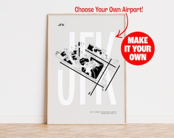 Affiche personnalisée de carte d'aéroport, impression d'aviation personnalisée, cadeau d'aviation, cadeau pour les voyageurs, affiche de schéma d'aéroport, choisissez votre propre aéroport
