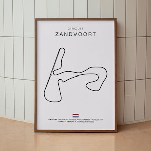 Affiche de piste de course néerlandaise, art du circuit de Zandvoort, carte de la piste de sport automobile, art de course de Zandvoort, affiche de course des Pays-Bas, téléchargement numérique