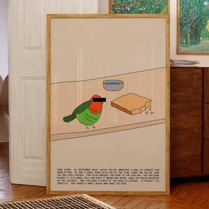 Pájaro arrestado por la policía holandesa, impresión artística de pájaro divertido, ilustración peculiar, póster humorístico minimalista, dibujo de caricatura, descarga digital