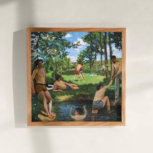 Arte mural con escena de baño de verano, pintura vintage, impresión clásica, obra de arte de escena de verano, impresión de arte retro, póster de campo sereno, decoración del hogar