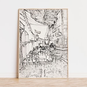 Arte di scena di caffè d'epoca, stampa di Van Gogh, terrazza di caffè di notte, schizzo di arte murale, illustrazione di un caffè parigino, disegno a penna, arte in bianco e nero