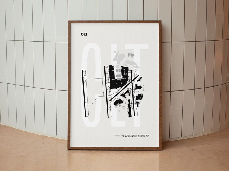 Minimalist black and white map poster of Charlotte Douglas International Airport, showcasing the layout of runways and terminals.