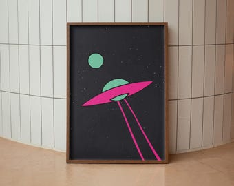 Impresión artística retro de OVNI: Ilustración de nave espacial extraterrestre rosa (descarga digital)