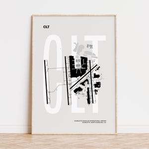 Minimalist black and white map poster of Charlotte Douglas International Airport, showcasing the layout of runways and terminals.