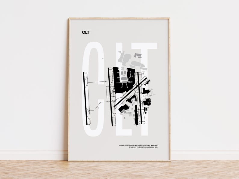 Minimalist black and white map poster of Charlotte Douglas International Airport, showcasing the layout of runways and terminals.