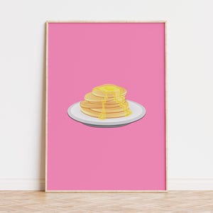 Pancakes Wall Art Print, Kitchen Wall Decor, Pink Poster, Cute Pancakes Illustration Art, Whimsical Food Print, Home Decor, Digital Download